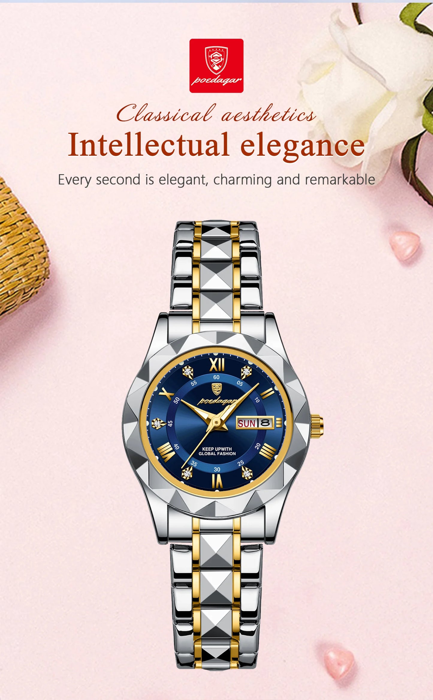 POEDAGAR, reloj de lujo para mujer, luminoso, resistente al agua, con fecha semanal, reloj de pulsera para mujer, relojes de cuarzo de acero inoxidable para mujer, reloj + caja