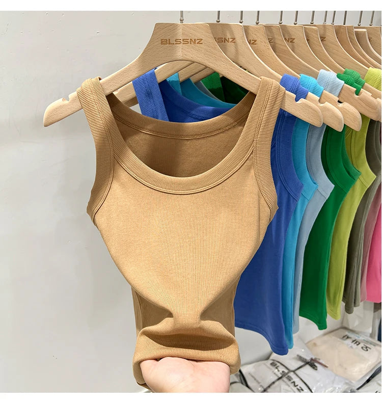 Zjaiss, camiseta sin mangas acanalada con cuello redondo liso para mujer, camisola para mujer, camiseta sin mangas elástica básica de verano 2025, camiseta sin mangas sólida con cuello redondo