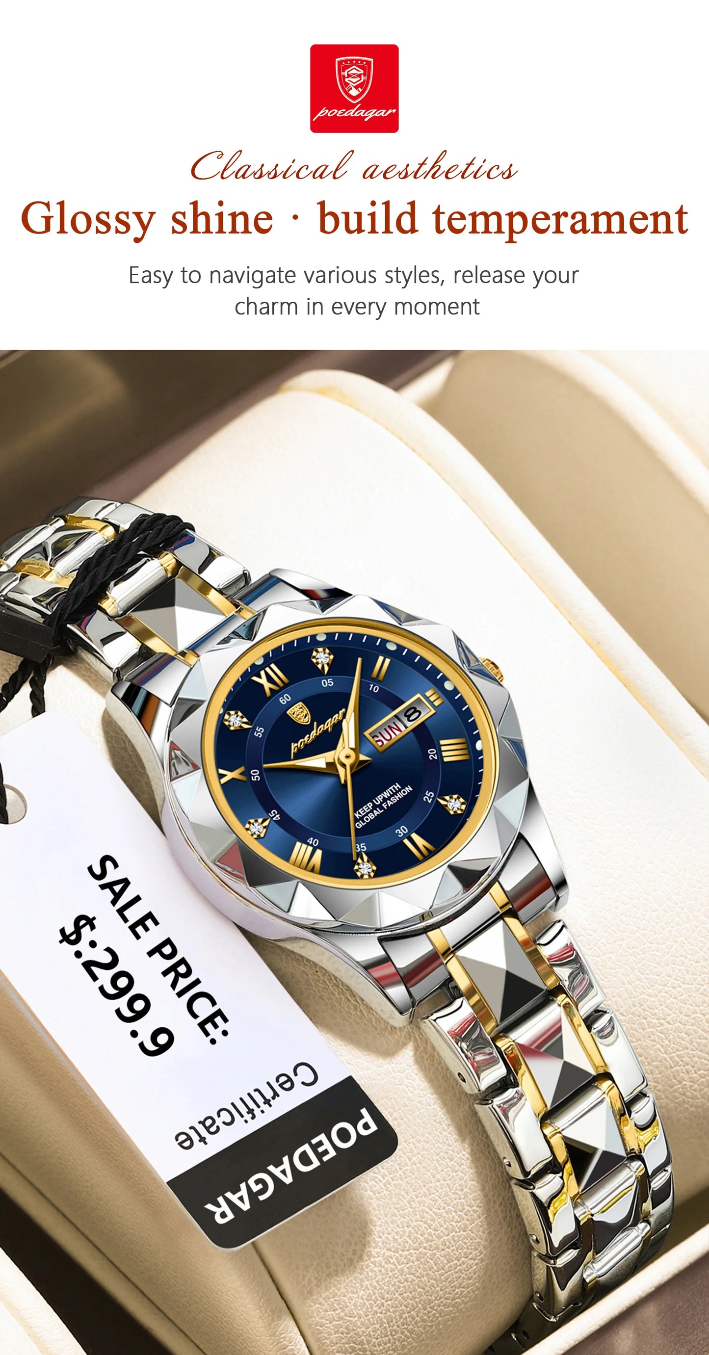 POEDAGAR, reloj de lujo para mujer, luminoso, resistente al agua, con fecha semanal, reloj de pulsera para mujer, relojes de cuarzo de acero inoxidable para mujer, reloj + caja