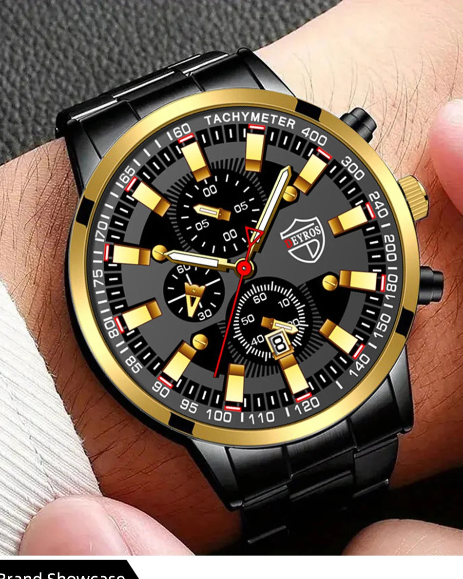 Reloj de cuarzo con banda de acero Digital con aguja dorada para hombre, informal, de lujo, con calendario, diseñado para hombres exitosos, clásico