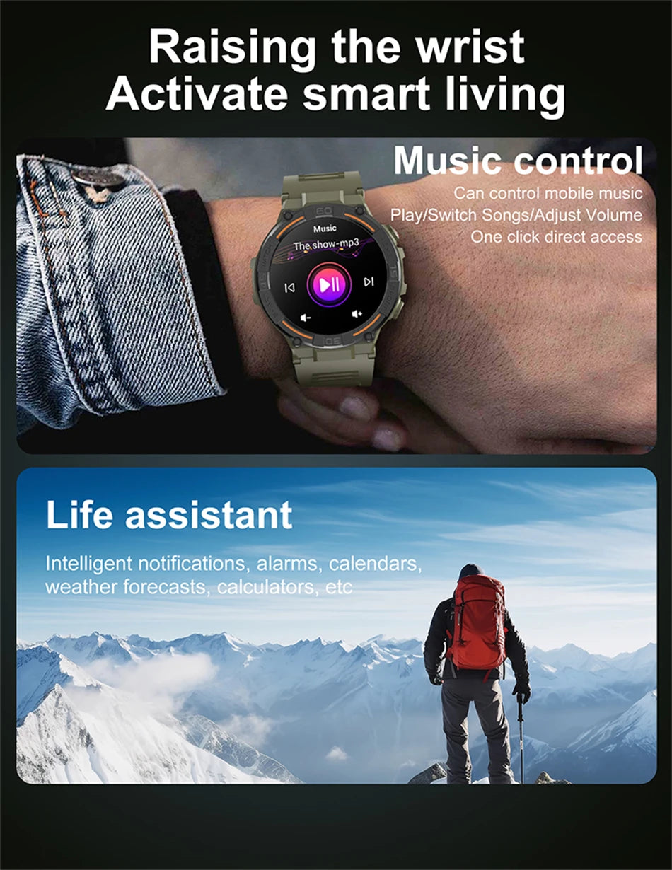 Reloj inteligente militar para hombre, dispositivo con pantalla HD de 360x360, linterna, control de la salud, resistente al agua, control del ritmo cardÃaco, llamadas BT, para Android e IOS