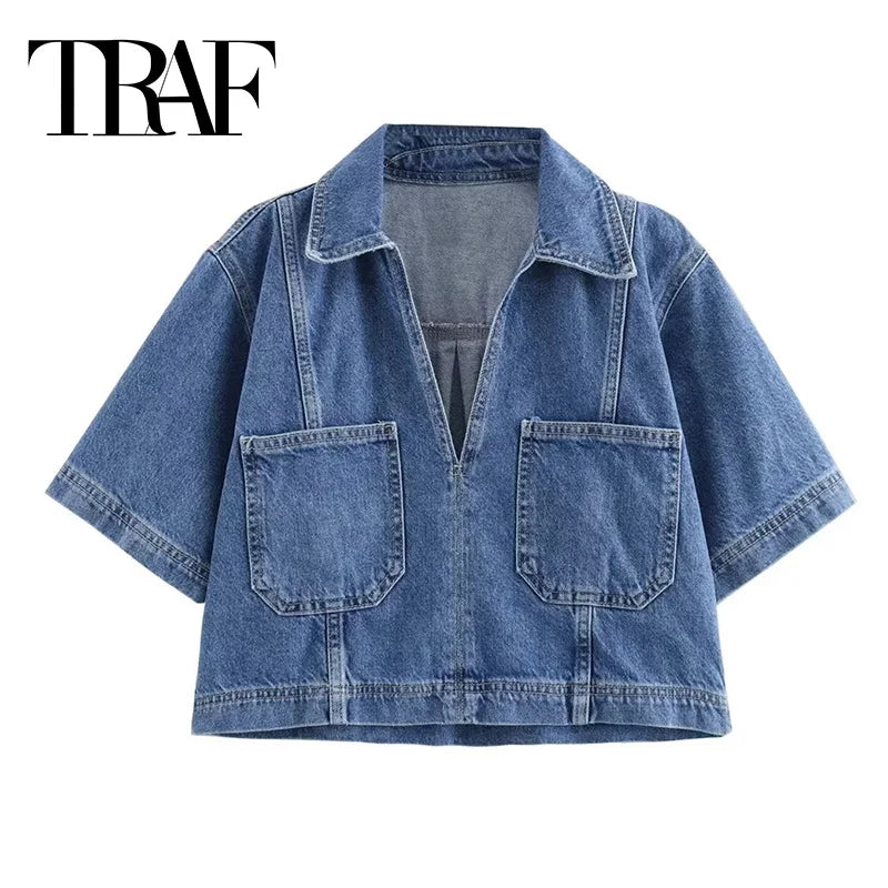 TRAF-Camiseta vaquera azul para mujer, camisa recortada de manga corta, Tops cortos de verano para mujer, ropa de calle Y2k, blusa elegante para mujer