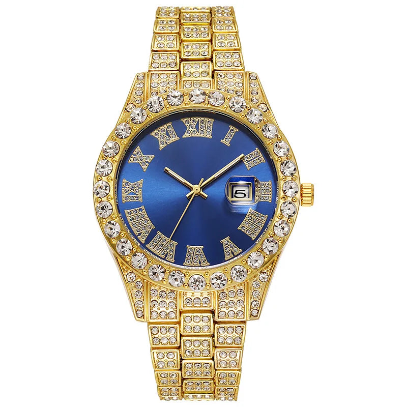 Reloj de cuarzo con correa de acero dorado para hombre, cronógrafo clásico de lujo, con calendario de diamantes de imitación, a la moda