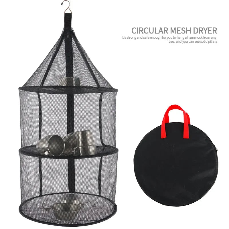 Secador de malla Circular plegable para acampar al aire libre, red portátil de 3 capas de almacenamiento, bolsa de malla colgante, olla antiinsectos, estante de secado para platos y tazas