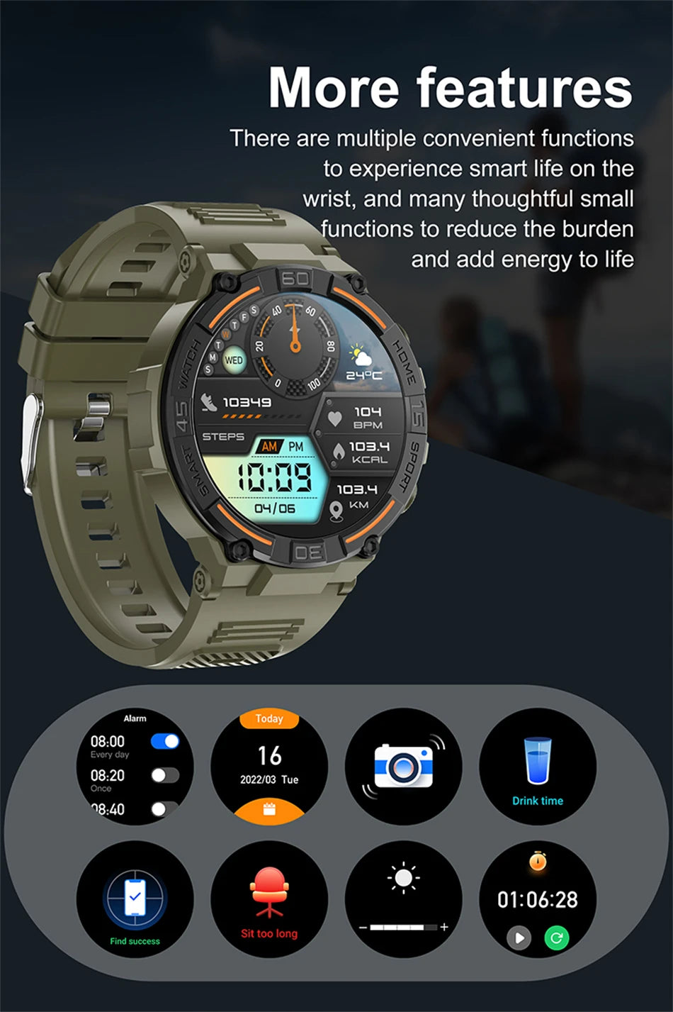 Reloj inteligente militar para hombre, dispositivo con pantalla HD de 360x360, linterna, control de la salud, resistente al agua, control del ritmo cardÃaco, llamadas BT, para Android e IOS