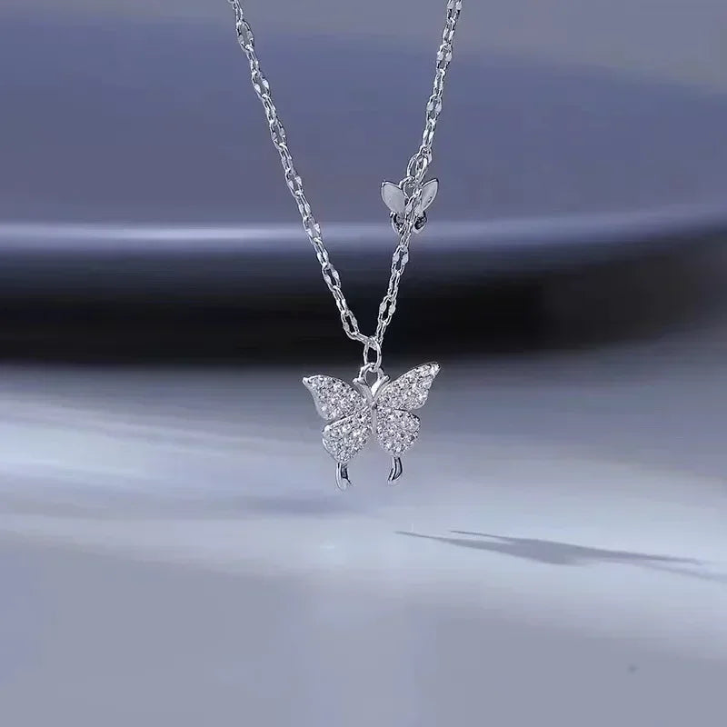 Collar de mariposa de plata para mujer, collar con colgante de circón de cristal para mujer y niña, collar de cadena de cristal, joyerÃa de fiesta