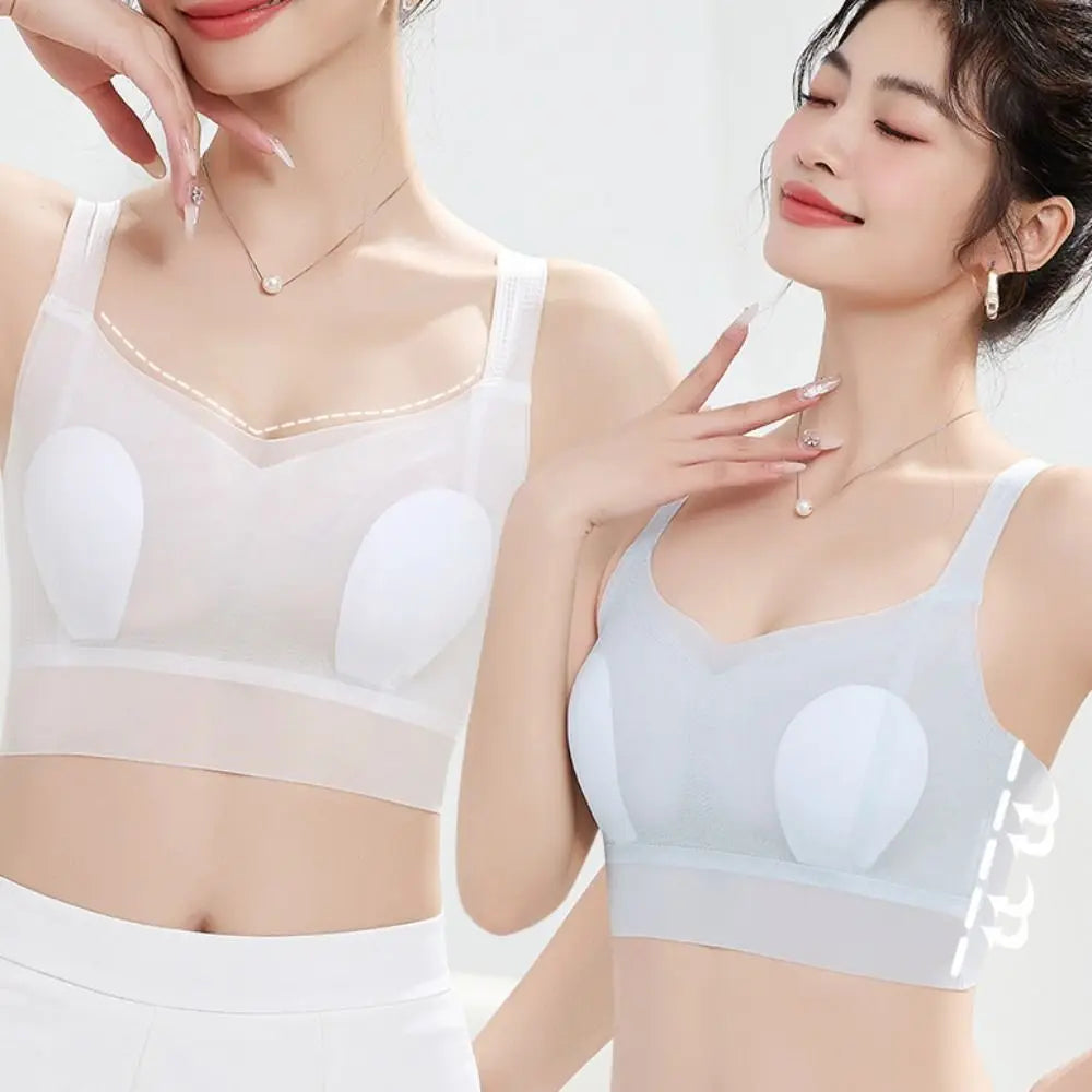Sujetador ultrafino inalámbrico con escote en V profundo para mujer, sujetador sin costuras con pechos recogidos de seda helada, lencería de Copa grande, sujetadores push-up, regalos