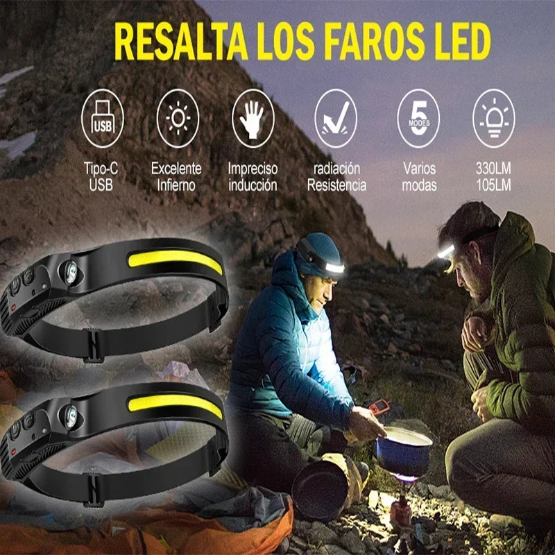 Nueva linterna frontal con Sensor LED recargable por USB, linterna XPE + COB para acampar, linterna impermeable para pesca, paquete de 3/2/1