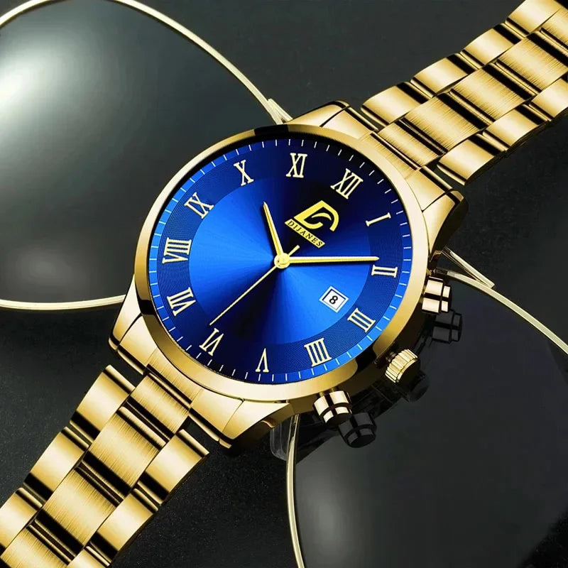 Relojes de acero inoxidable dorados a la moda para Hombre, Reloj de pulsera de cuarzo minimalista de lujo, Reloj con calendario informal de negocios para Hombre