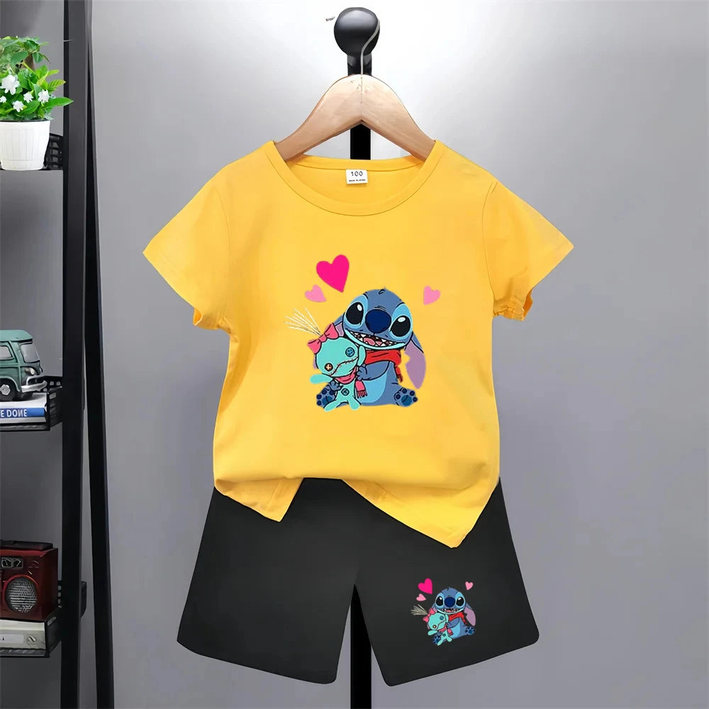 Camiseta de punto de Disney con dibujos animados de verano para niñas, camisetas rojas y rosas para niños, ropa superior, camisetas de moda para niños, conjunto de pantalones cortos para niños de 3 a 12 años