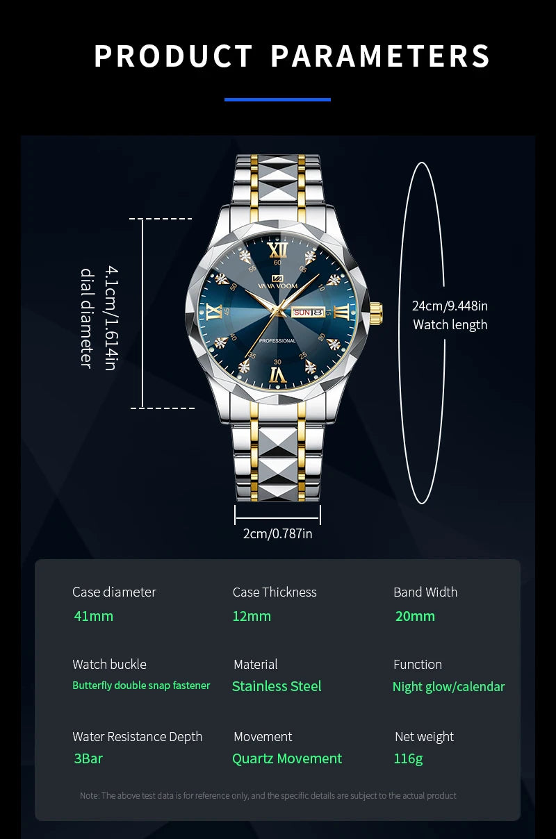 Reloj para hombre con diamantes de agua, lujo, brillo nocturno, doble calendario, movimiento de cuarzo, 41mm, oro azul, acero inoxidable, reloj de negocios de moda