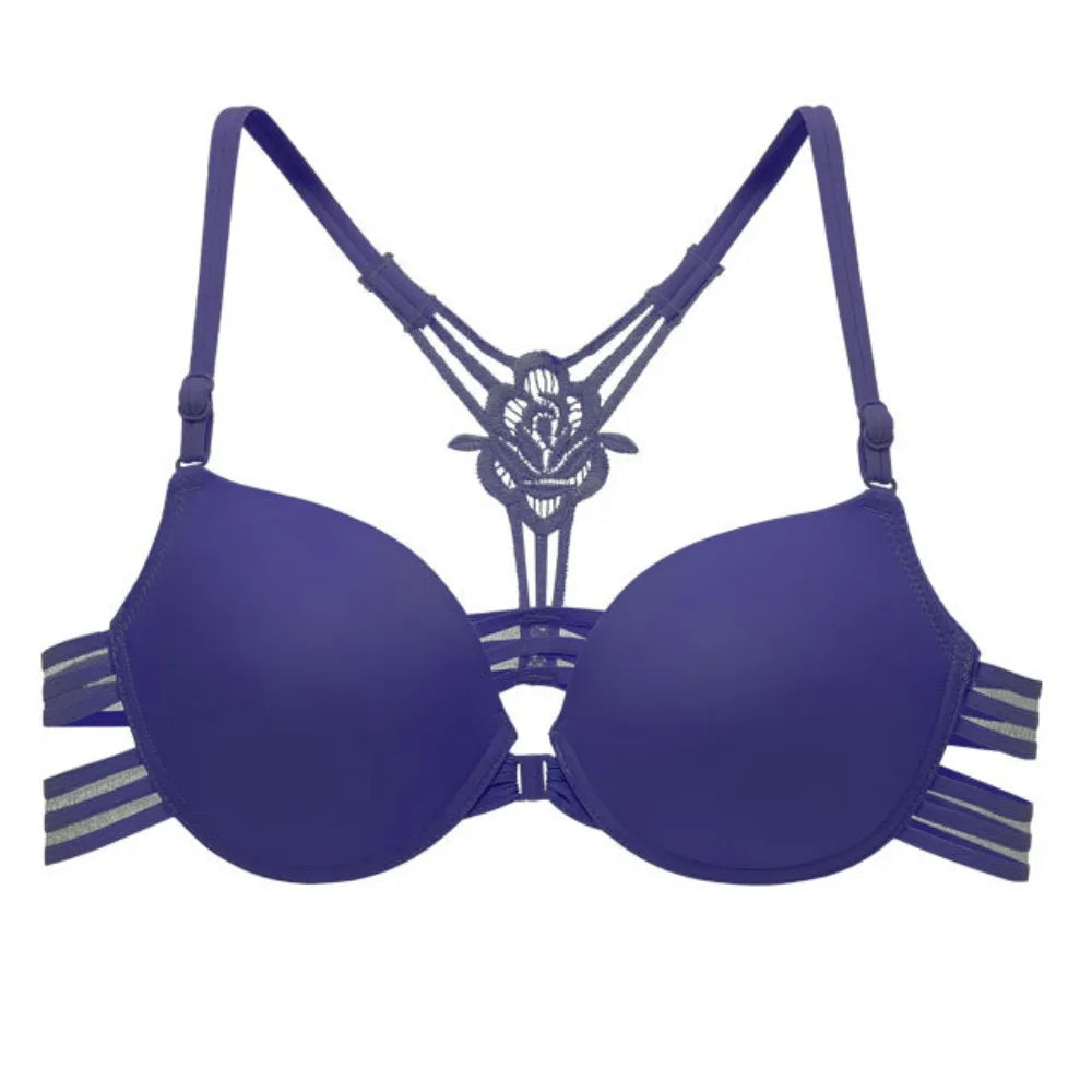 Sujetador de encaje con botón frontal a la moda para mujer, 3/4 tazas, parte de atrás bonita, sujetador sin costuras, ropa interior íntima, sujetador inalámbrico con escote en V profundo para playa