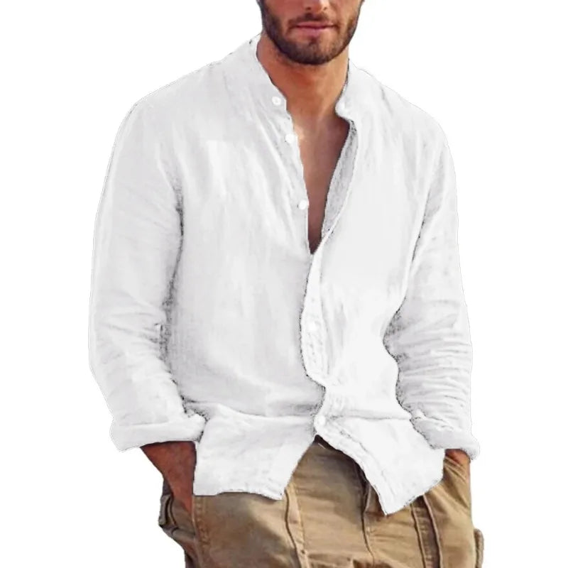 Ropa de chándal para hombre, camisa de manga larga, camisas de lino de Color sólido, Tops informales ligeros y transpirables con cuello levantado, camisa hawaiana