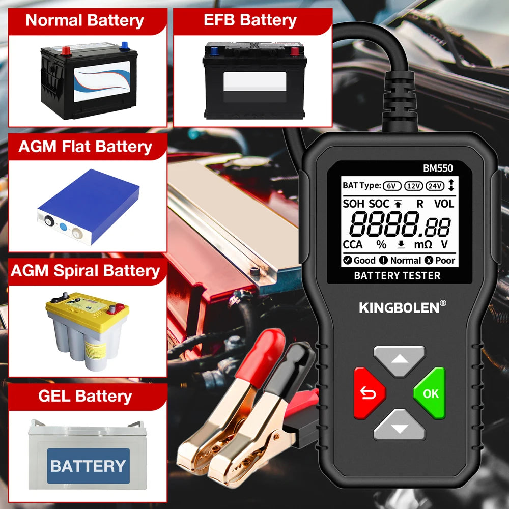 KINGBOLEN BM550, BM550 PLUS probador de baterÃa de coche 6V 12V 24V sistema de baterÃa detectar analizador de baterÃa automático herramienta de baterÃa de coche SOC SOH