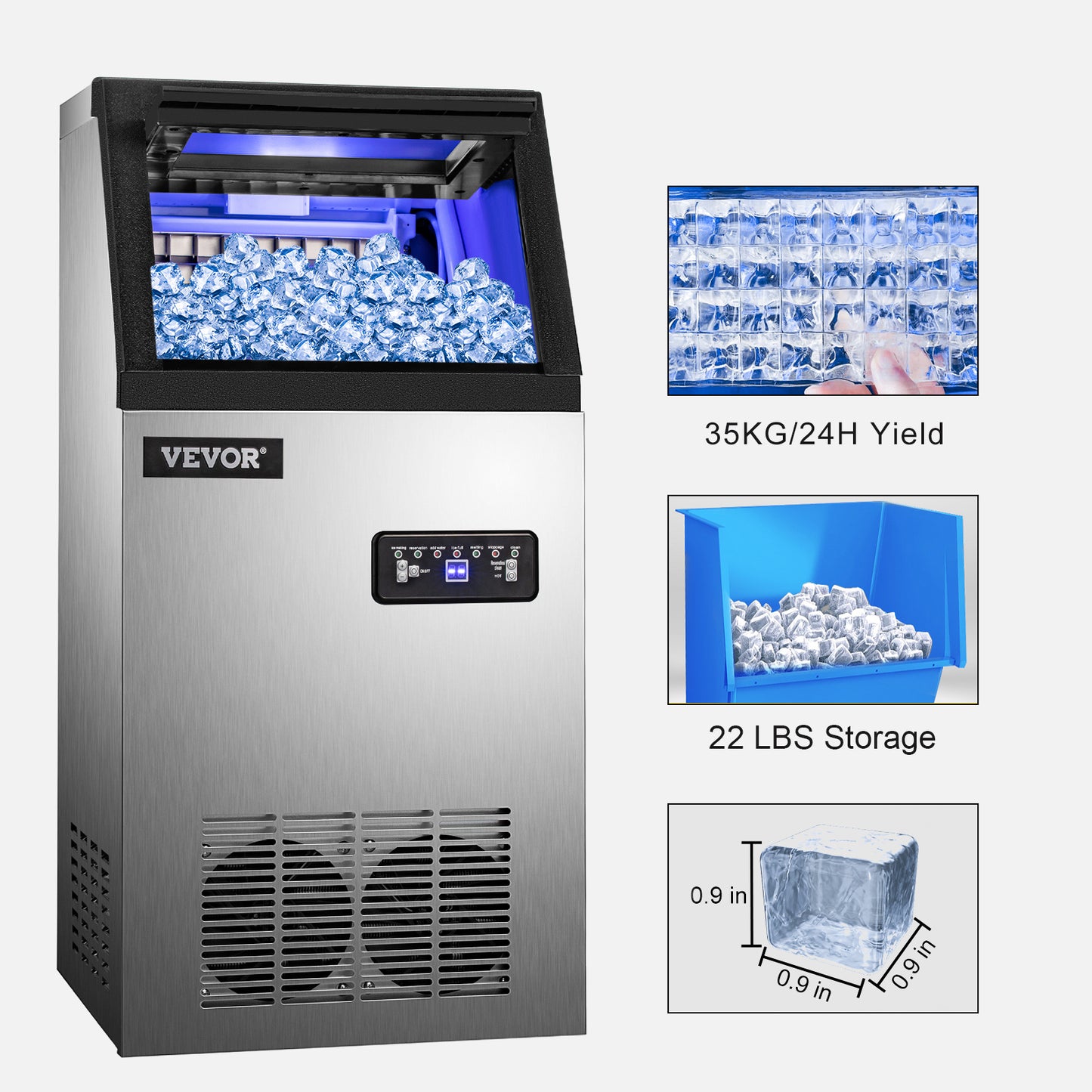 VEVOR Máquina para Hacer Hielo de Acero Inoxidable de Calidad Alimentaria, Trituradora de Máquina de Hielo Comercial, 280W, 68kg/24 horas, Panel de Control LCD Inteligente para Cafeterías y Bares