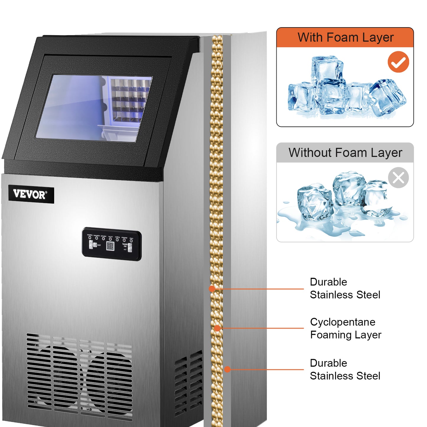 VEVOR Máquina para Hacer Hielo de Acero Inoxidable de Calidad Alimentaria, Trituradora de Máquina de Hielo Comercial, 280W, 68kg/24 horas, Panel de Control LCD Inteligente para Cafeterías y Bares