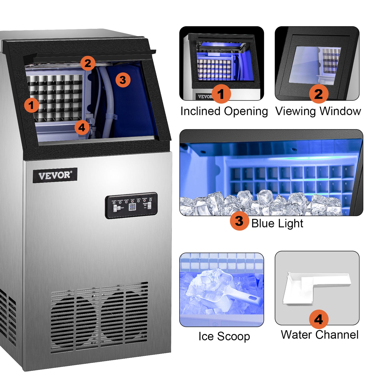 VEVOR Máquina para Hacer Hielo de Acero Inoxidable de Calidad Alimentaria, Trituradora de Máquina de Hielo Comercial, 280W, 68kg/24 horas, Panel de Control LCD Inteligente para Cafeterías y Bares