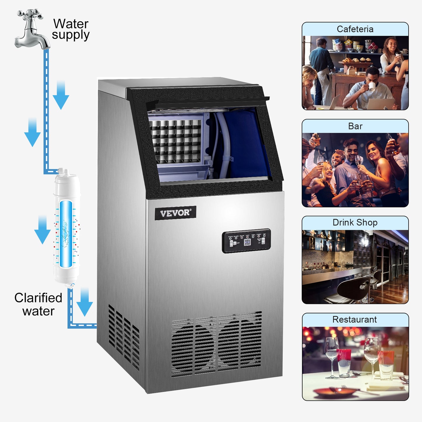 VEVOR Máquina para Hacer Hielo de Acero Inoxidable de Calidad Alimentaria, Trituradora de Máquina de Hielo Comercial, 280W, 68kg/24 horas, Panel de Control LCD Inteligente para Cafeterías y Bares