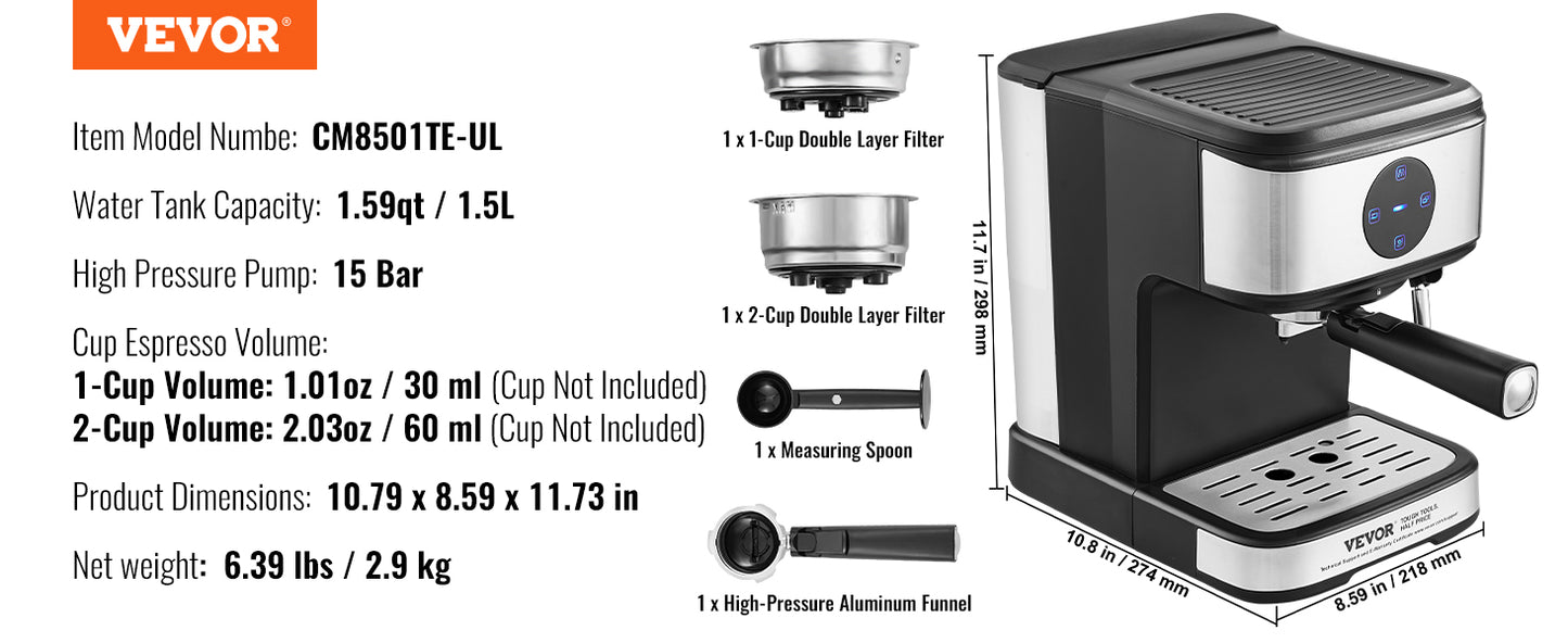 VEVOR-máquina de café y Espresso con Espumador de leche, máquina de café semiautomática profesional, varita de vapor, 15 Bar