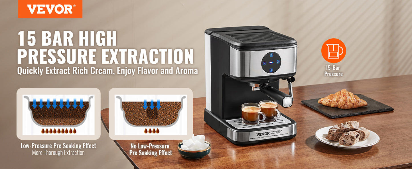 VEVOR-máquina de café y Espresso con Espumador de leche, máquina de café semiautomática profesional, varita de vapor, 15 Bar