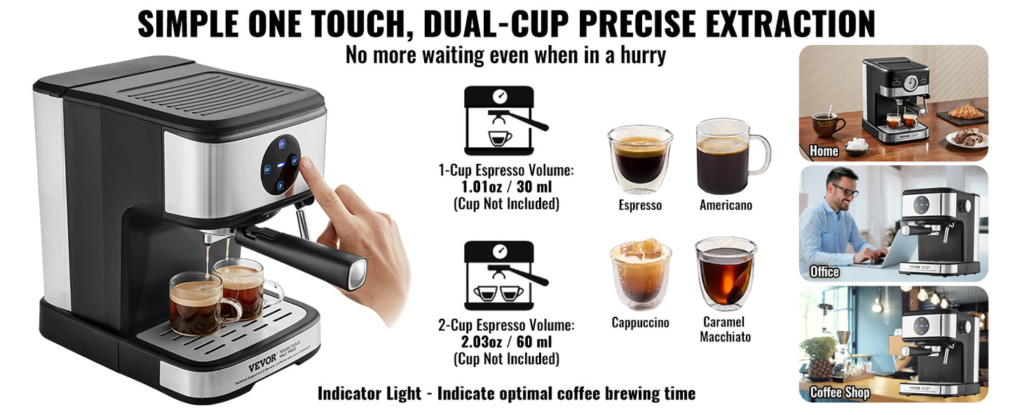 VEVOR-máquina de café y Espresso con Espumador de leche, máquina de café semiautomática profesional, varita de vapor, 15 Bar