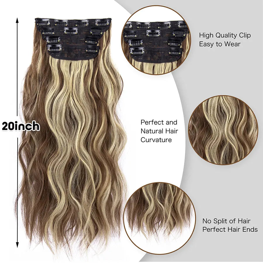 4 unids/set 20 pulgadas Clip de pelo sintÃ©tico en postizos gruesos y largos ondulados para mujeres extensiones de cabello sintÃ©tico de cabeza completa postizos ombrÃ©