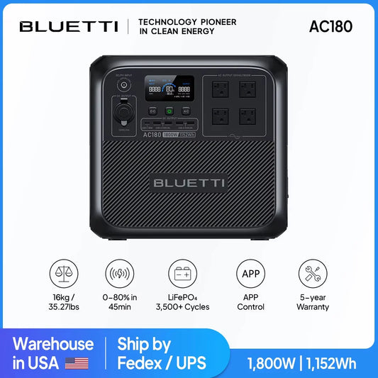 [Enchufe estadounidense] BLUETTI AC180 1152Wh 1800W estación de energía portátil LiFePO4 generador Solar más de 3500 ciclos para acampar senderismo viajes de peces