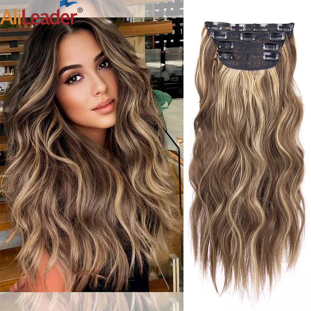 4 unids/set 20 pulgadas Clip de pelo sintÃ©tico en postizos gruesos y largos ondulados para mujeres extensiones de cabello sintÃ©tico de cabeza completa postizos ombrÃ©