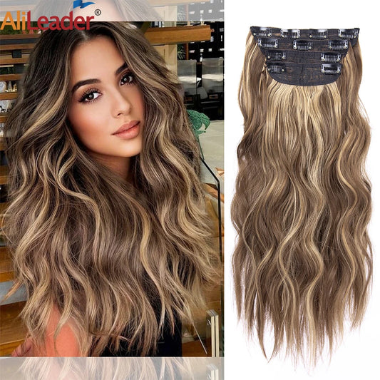 4 unids/set 20 pulgadas Clip de pelo sintÃ©tico en postizos gruesos y largos ondulados para mujeres extensiones de cabello sintÃ©tico de cabeza completa postizos ombrÃ©