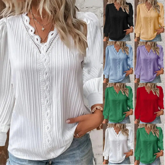 Camisa con costuras de encaje para mujer, jersey de manga larga con cuello en V y costuras holgadas, camisa de gasa, Top de otoÃ±o, blusa de calle sencilla y elegante