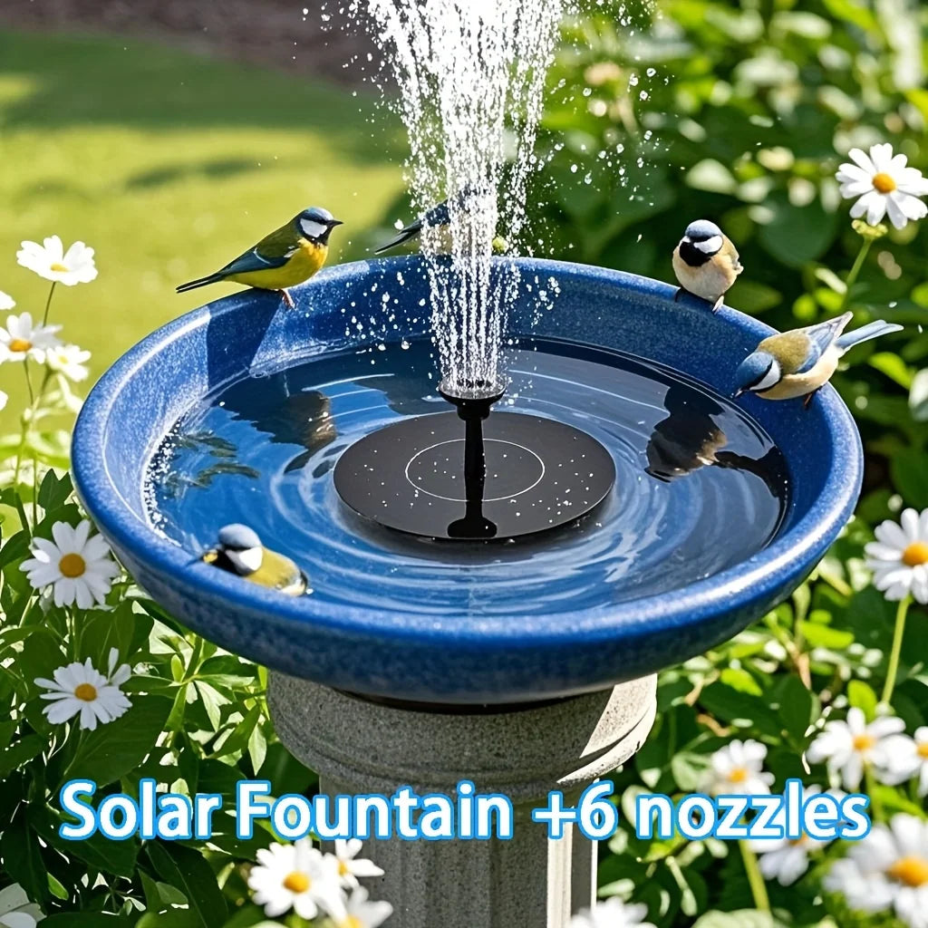 Fuente automática alimentada por energía solar con 6 boquillas, para baño de pájaros azules para jardines, peceras y uso en exteriores, para flujo de agua continuo