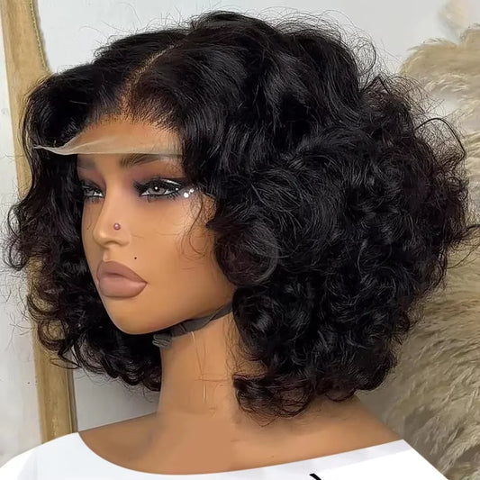 Peluca Frontal de encaje HD 250% ondulada, peluca Bob corto, cabello humano sin pegamento, cabello humano ondulado 13x4, pelucas frontales de encaje transparente para mujeres