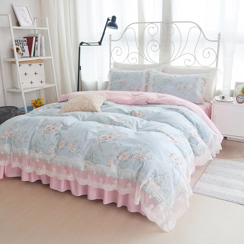 Juego de ropa de cama de princesa de encaje, funda nórdica con estampado de flores, fundas de almohada de estilo coreano, 100% algodón, tamaño King y Queen