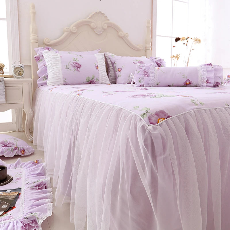 Juego de ropa de cama con estampado Floral para niñas, edredón con volantes de encaje, colcha, falda de cama, 100% algodón