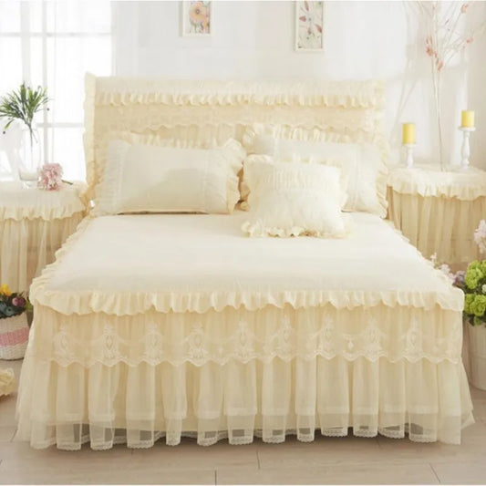 Ropa de cama de princesa de encaje de estilo coreano, faldas de cama, fundas de almohada, 100% de algodón, colchas Beige, funda de cama, textiles para el hogar de Color sólido