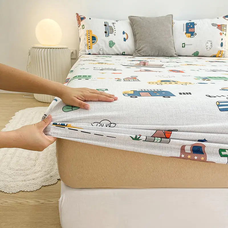 Bonenjoy-sábana bajera de algodón puro con estampado de dibujos animados de coche, funda de cama elástica, Sábana inferior individual, tamaño Queen, sin funda de almohada, 1 unidad