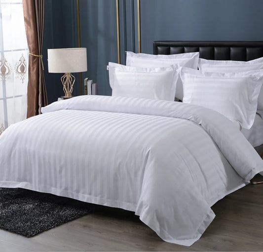 Juegos de cama de Hotel de algodón 100% con rayas de satén blanco, tamaño Queen y King, funda nórdica de Color sólido, sábanas, fundas de almohada, textiles para el hogar