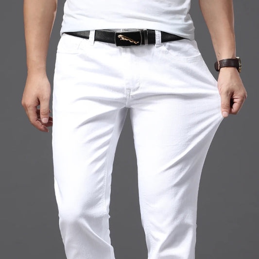 Pantalones vaqueros blancos para hombre, moda informal, estilo clÃ¡sico, ajustados, suaves, pantalones elÃ¡sticos avanzados de marca masculina
