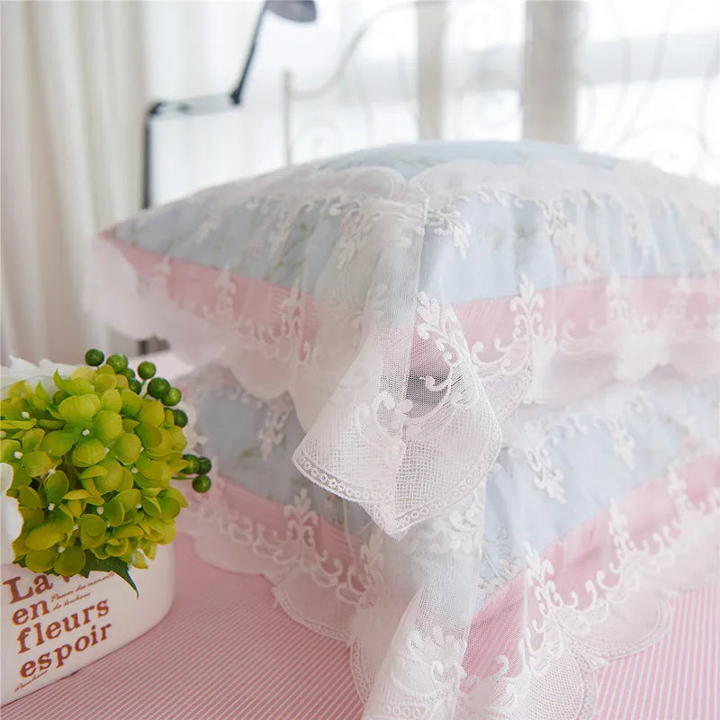 Juego de ropa de cama de princesa de encaje, funda nórdica con estampado de flores, fundas de almohada de estilo coreano, 100% algodón, tamaño King y Queen