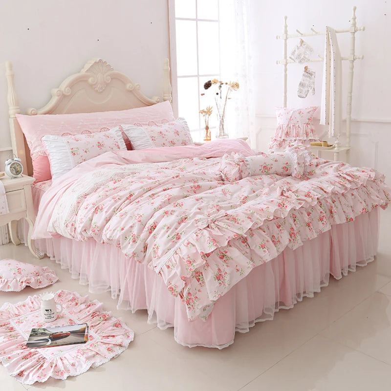 Juego de ropa de cama con estampado Floral para niñas, edredón con volantes de encaje, colcha, falda de cama, 100% algodón