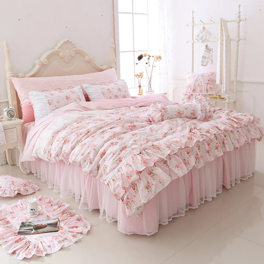 Juego de ropa de cama con estampado Floral para niñas, edredón con volantes de encaje, colcha, falda de cama, 100% algodón