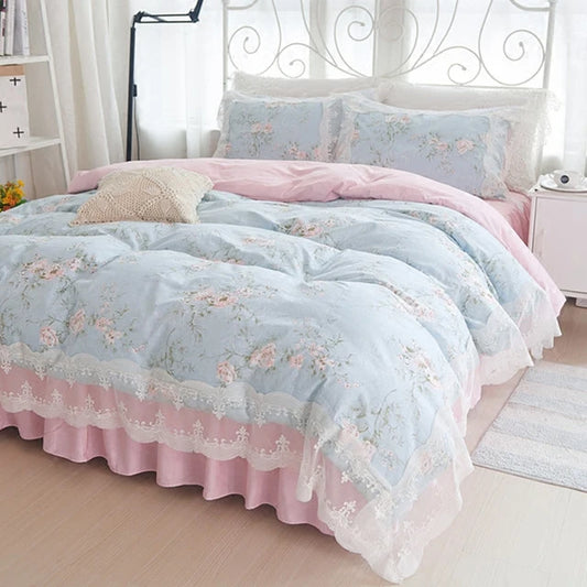 Juego de ropa de cama de princesa de encaje, funda nórdica con estampado de flores, fundas de almohada de estilo coreano, 100% algodón, tamaño King y Queen