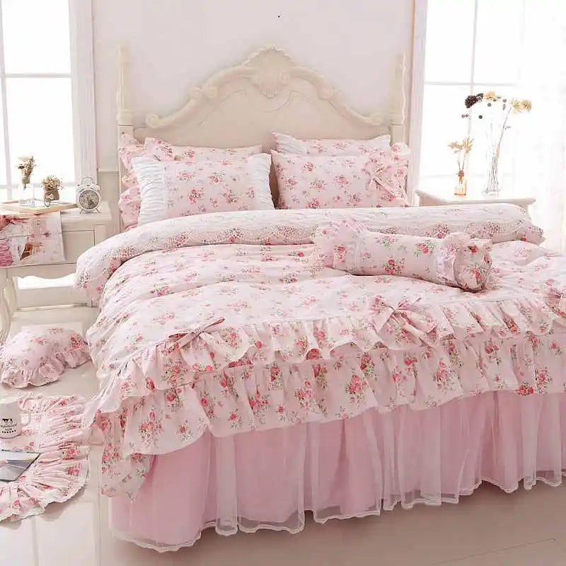 Juego de ropa de cama con estampado Floral para niñas, edredón con volantes de encaje, colcha, falda de cama, 100% algodón