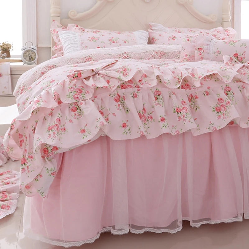 Juego de ropa de cama con estampado Floral para niñas, edredón con volantes de encaje, colcha, falda de cama, 100% algodón