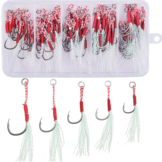 100 unids/caja anzuelo de asistencia de plantilla fundida seÃ±uelo de Jigging lento anzuelos de pesca de lubina anzuelo de pÃºas atado anzuelo con pluma anzuelo de pesca de mar