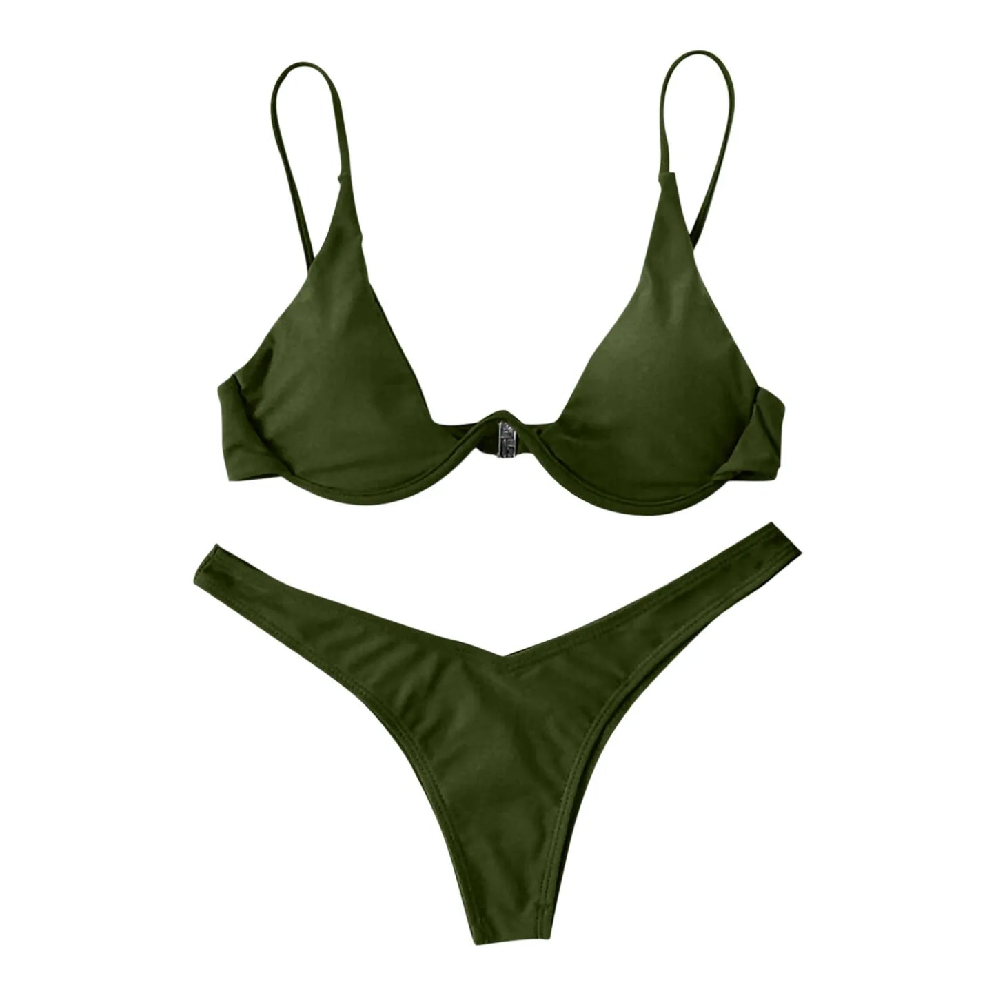 Bikini Sexy con aros para Mujer, traje de baÃ±o rojo liso con sujetador de realce, Tanga, traje de baÃ±o con cuello Halter y cuello de pico, Mini microtanga 2024