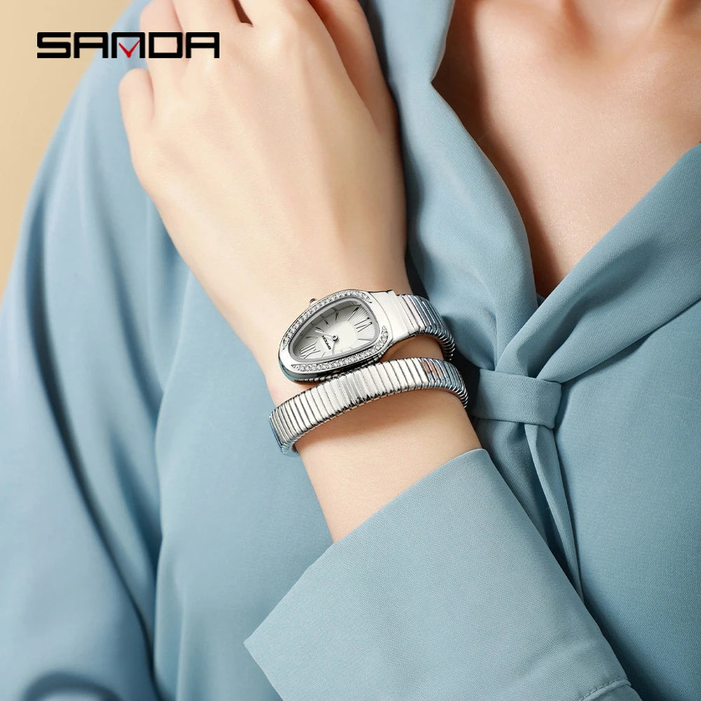 SANDA, superventas, 1151 reloj de mujer de gama alta con incrustaciones de diamantes en forma de serpiente, reloj de cuarzo de lujo ligero con temperamento Retro para mujer