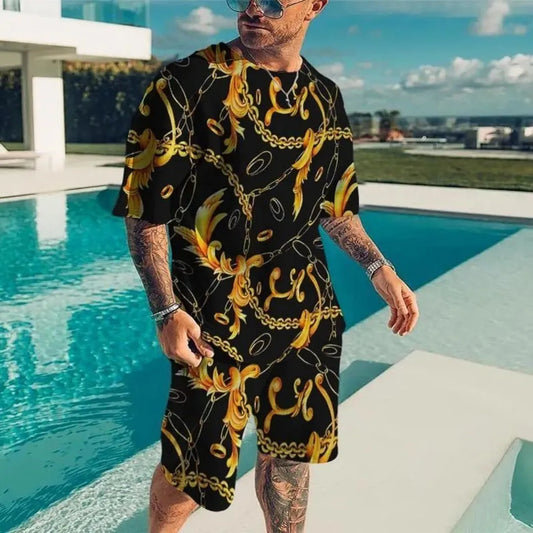 NOVEDAD DE VERANO 2021, ropa deportiva de lujo con diseño dorado para hombre, conjunto de camiseta de manga corta con estampado 3D, camiseta informal de moda para hombre, dos Pi