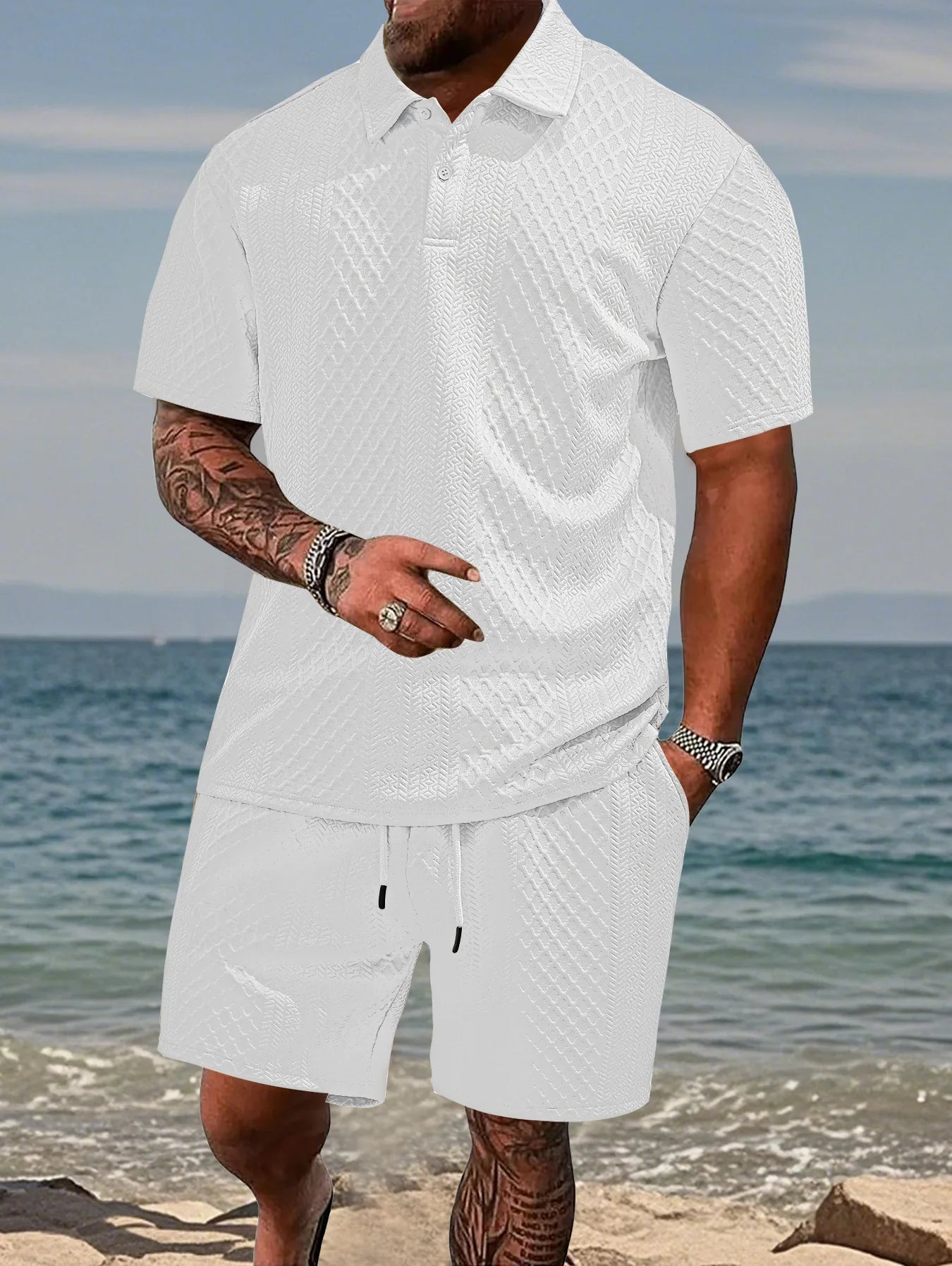 NOVEDAD DE VERANO 20225, Polo deportivo informal para hombre con solapa, camisa y pantalones cortos de manga corta para hombre, traje con textura Jacquard