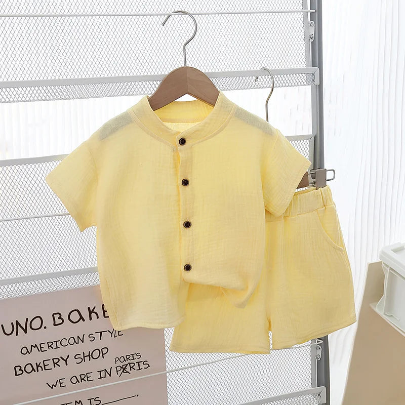 1 Juego de ropa de verano para niños y niñas, camisetas de algodón puro liso + pantalones cortos elásticos, ropa para niños, conjuntos de ropa informal para niños